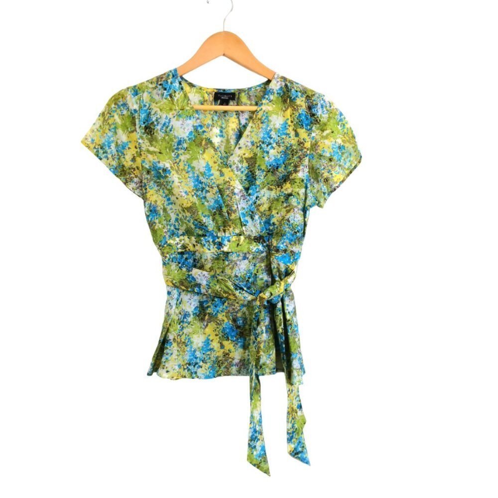 New‎ Talbots Cotton/Silk Wrap & Belt Floral Top Blue/Green Size 4